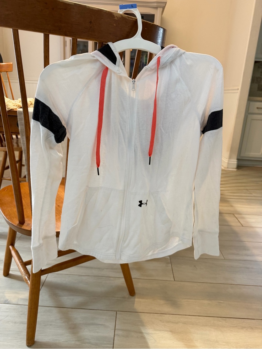 Under Armour White Hooded Zip Jacket with Black Accents and Red Drawstrings